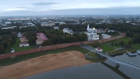 View of the Kremlin of Veliky Novgorod on early September morning (aerial view). Russia