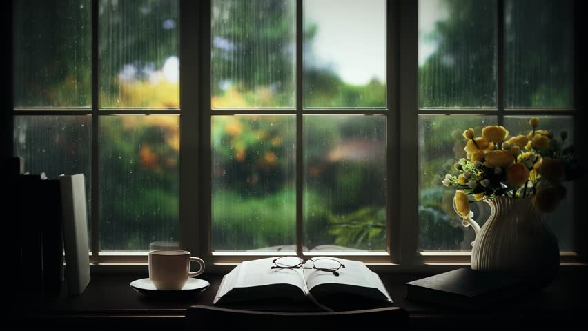 Rain falling on the glass window sill, flowing raindrops, comfortable rain sound ASMR, and a cozy cafe with books, glasses, and coffee on the desk, and a resting place in the library
 | Shutterstock HD Video #1103163135