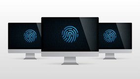 Computer device with finger biometric id scan. Realistic desktop monitor with Fingerprint symbol in screen and light gradient background. Animation video.