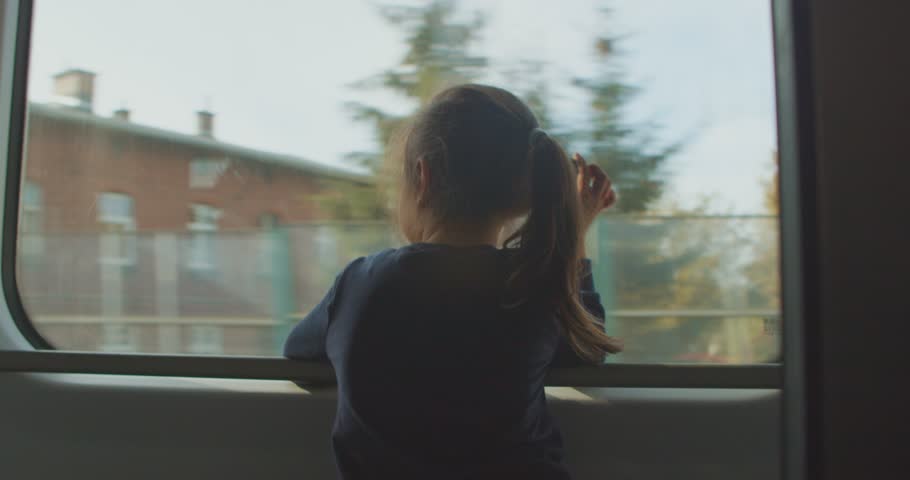Seven-Year-Old Girl Looks out the Train Window. Cute Little Girl Travels With Her Parents by Train, Child Looks Out the Window of the Train Car During the Journey. Yellow Trees and Leaves Background. Royalty-Free Stock Footage #1103170493