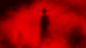 Gloomy silhouette of man in raincoat and big hat. Dark maniac character in fog. Scary 2d animation. Horror fantasy movie. Halloween ghost video clip. Spooky visions of hell. Red and black background.
