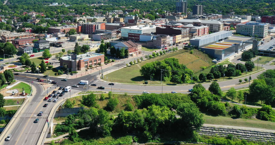 Aerial hyperlapse scene of Brantford, Ontario, Canada on summer day 4K