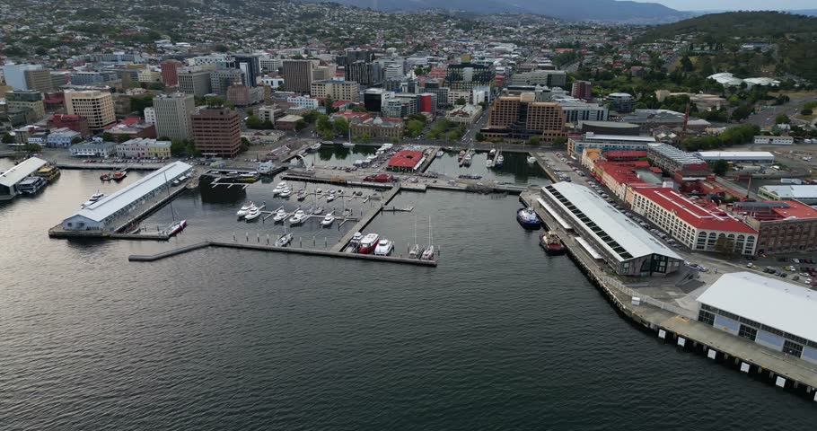 Constitution Dock, end point of the Sydney to Hobart Yacht Race on a quiet afternoon from the air