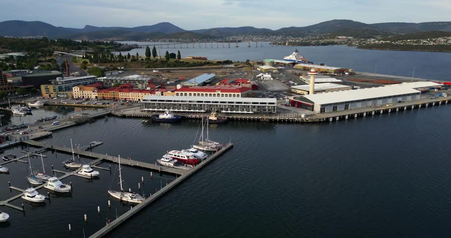 Constitution Dock, Hobart waterfront precinct Meeting point for the finalists of the Sydney to Hobart Yacht race, Derwent river , drone footage