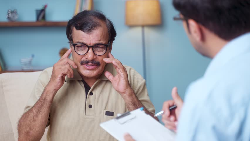 Indian senior elderly man with psychologist explaining his problems during counselling at home - concept of mental illness, depression and psychotherapy session Royalty-Free Stock Footage #1103174807