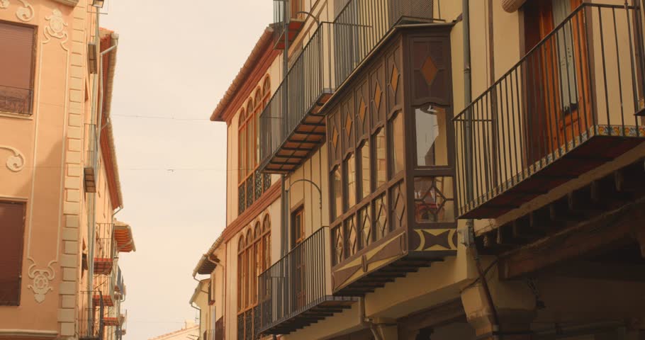Old Medieval Town With Typical Facade Of Architecture In Morella, Castellon, Spain. Low Angle