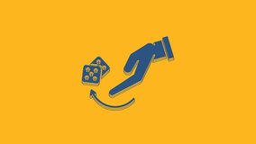 Blue Human hand throwing game dice icon isolated on orange background. 4K Video motion graphic animation.
