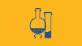 Blue Test tube and flask - chemical laboratory test icon isolated on orange background. Laboratory glassware sign. 4K Video motion graphic animation.