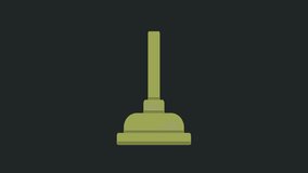 Green Rubber plunger with wooden handle for pipe cleaning icon isolated on black background. Toilet plunger. 4K Video motion graphic animation.