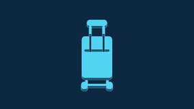 Blue Suitcase for travel icon isolated on blue background. Traveling baggage sign. Travel luggage icon. 4K Video motion graphic animation.