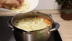 Close up video of cropped hands adding sliced, chopped cabbage in boiling meat water broth in stainless saucepan on inductive oven in kitchen. Step by step cooking, domestic cuisine, prepare borshch