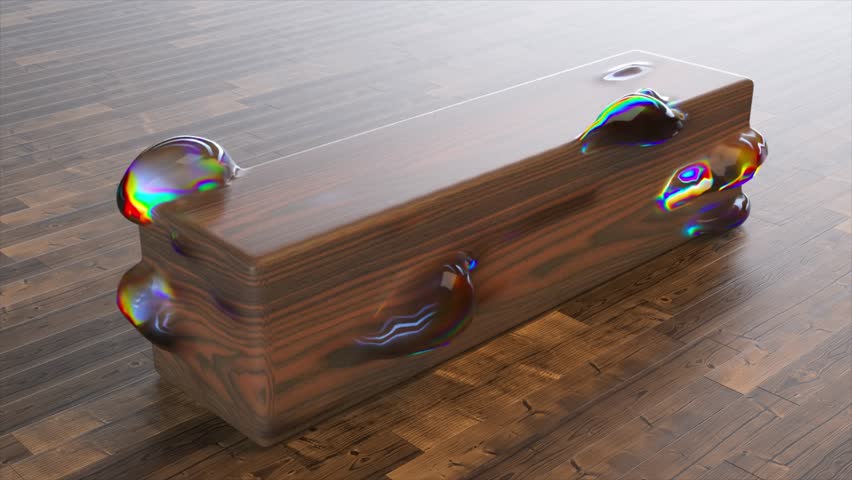  Abstract concept. Large iridescent bubbles appear and disappear on the surface of a piece of wood. 3d animation . 3D Illustration