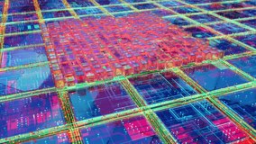 Inside architecture of the computer concept. 3d camera rotation around multi core processor with many graphic, math logic and neural coprocessors. The big data chip is computing receiving information. - Powered by Shutterstock - Get 15% off with code: PIKWIZARD15