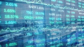 Animation of trading board, binary codes and computer language over cityscape against sky. Digital composite, multiple exposure, stock market, coding, architecture, buildings and technology. - Powered by Shutterstock - Get 15% off with code: PIKWIZARD15