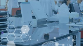 Animation of molecule structures, brains, computer language, diverse scientist working in laboratory. Digital composite, multiple exposure, coding, anatomy, coding, medical and technology concept. - Powered by Shutterstock - Get 15% off with code: PIKWIZARD15