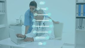Animation of dna helix over diverse doctors discussing patient reports on laptop at hospital. Digital composite, multiple exposure, anatomy, molecule, medical, planning, healthcare and technology. - Powered by Shutterstock - Get 15% off with code: PIKWIZARD15