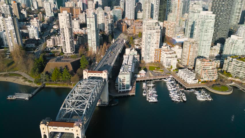 Stunning aerial view on downtown of Vancouver, Granville bridge and False Creek