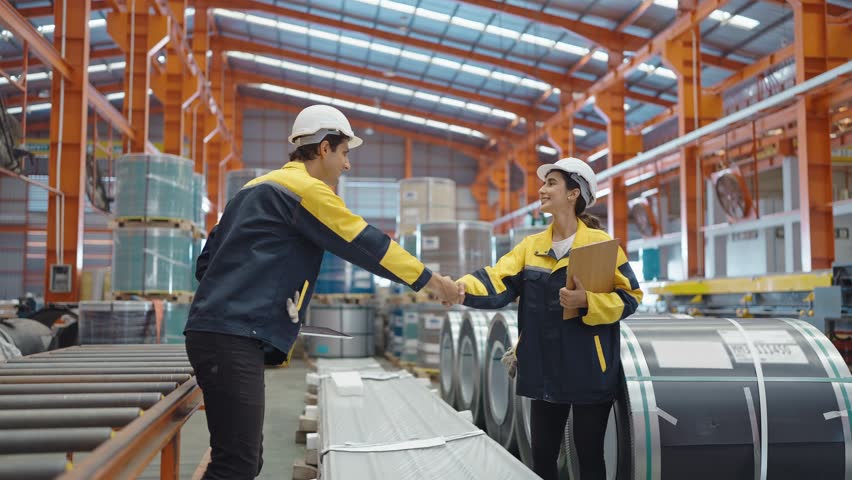 Warehouse worker Hispanic Latin man and woman holding tablet and notepad checking the product and shaking hands to sucess of work in industry factory