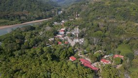 This aerial drone video shows the village of Dominical, Puntarenas Costa Rica. The small village is located at the pacific coast with a beautiful tropical beach. 