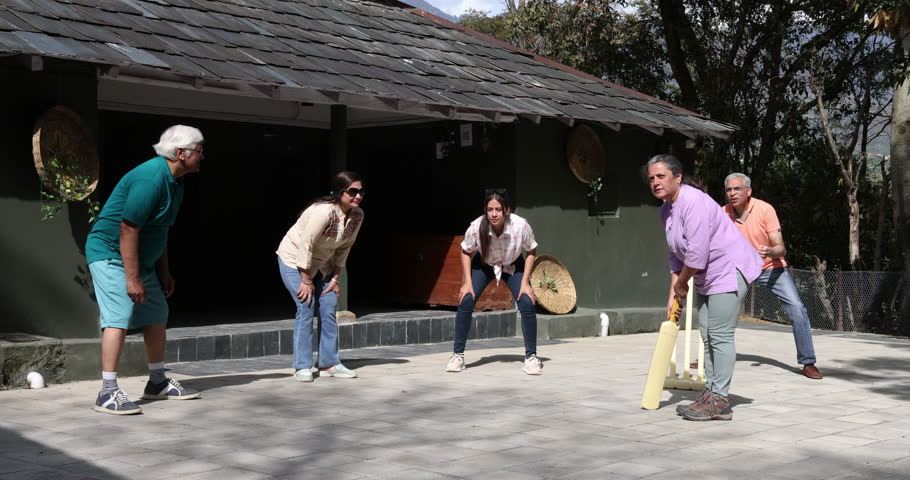 Family members playing cricket in the back yard.