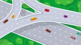 Aerial view of Highway junction with moving cars. Road interchange or highway intersection with busy urban traffic. animation video