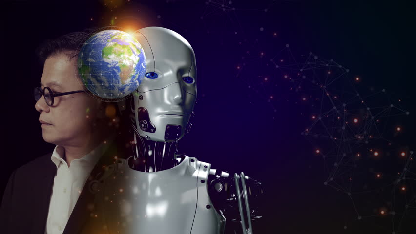Robot and human with earth global on futuristic vitual background. AI artificial intelligence digital chat bot, machine learning, big data, cloud computing, computer network and innovation technology. Royalty-Free Stock Footage #1103197531