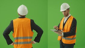 2-in-1 Split Green Screen Collage:Young Bearded Civil Engineer Wearing Black Classic Suit,White Hard Hat, Safety Jacket,Standing in Superman Pose,Comparing the Records on the Tablet.Back and Side View - Powered by Shutterstock - Get 15% off with code: PIKWIZARD15