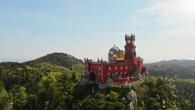Top aerial panoramic outdoor view Portugal european town western region Sintra touristic place historical national heritage Pena palace with green nature hilly forest traveling go everywhere concept