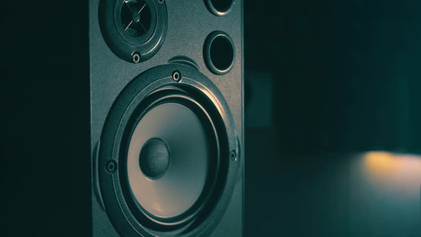 Steam transformation effect of Vibrating speakers membranes of professional sound speaker in close up. Hifi system for musician. Top level speakers for music studio. Soft light Royalty-Free Stock Footage #1103200661