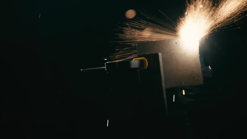 Modern Technological Cnc Cutting Power Action on Metallic Horizontal Ironwork Object Hot Gas. Making Industrial Details in Computer Program Heavy Industry. Cut Metal Material Laser Burn Closeup Shot Royalty-Free Stock Footage #1103202373