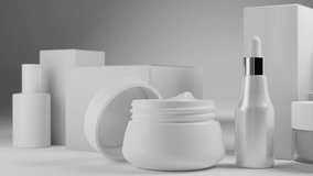 Jars, bottles and tubes for cosmetics on a grey background. Camera moves. Packaging for cream, gel, serum, advertising and product promotion. Realistic 3d animation. 4k. 3D Illustration - Powered by Shutterstock - Get 15% off with code: PIKWIZARD15
