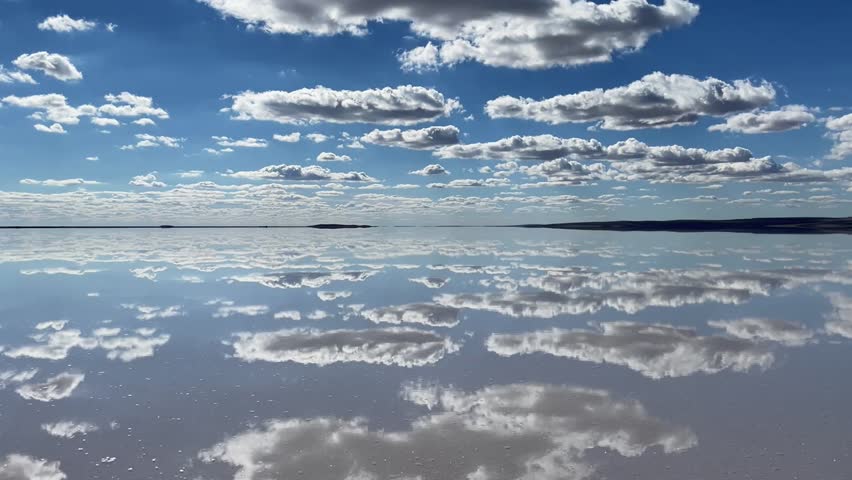 Man walking on a salt flat covered with water. The man and the blue sky with fluffy clouds are reflected in the perfectly clear water