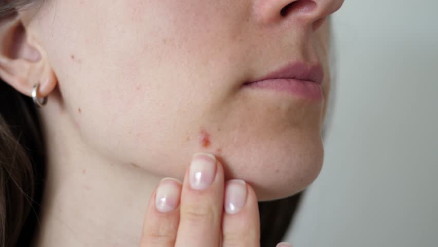 A woman touched her face on which a pimple has appeared. The concept of problematic facial skin and skin care. Royalty-Free Stock Footage #1103211255