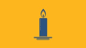 Blue Burning candle in candlestick icon isolated on orange background. Old fashioned lit candle. Cylindrical candle stick with burning flame. 4K Video motion graphic animation.