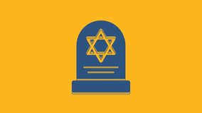 Blue Tombstone with star of david icon isolated on orange background. Jewish grave stone. Gravestone icon. 4K Video motion graphic animation.