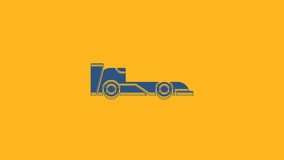 Blue Formula race car icon isolated on orange background. 4K Video motion graphic animation.