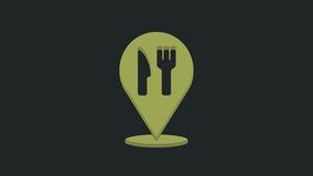 Green Cafe and restaurant location icon isolated on black background. Fork and spoon eatery sign inside pinpoint. 4K Video motion graphic animation..