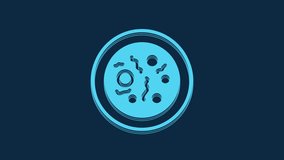 Blue Petri dish with bacteria icon isolated on blue background. 4K Video motion graphic animation.