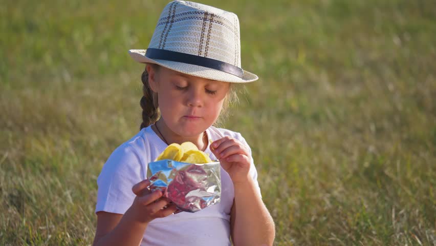 Happy little kid eat potato snack. Child eat unhealthy food. Child eats potato chips. Quick snack in nature in park with potato chips. Child eats chips from package