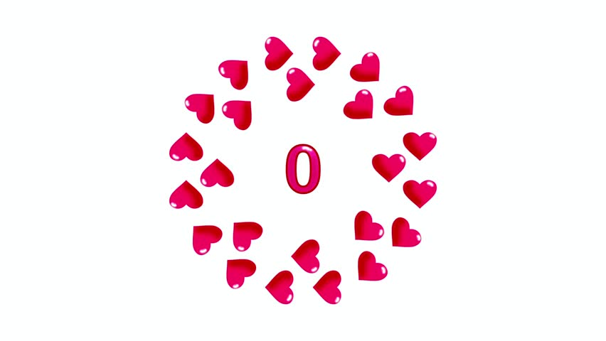 Countdown 10 to 1. Pink hearts and numbers. White background. Loading icon animation.