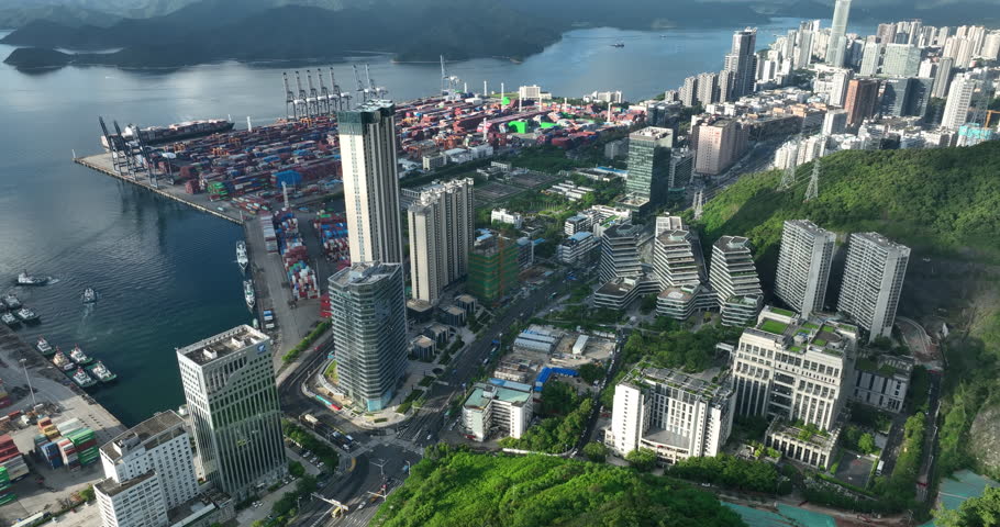 Shenzhen ,China - Circa 2022: Aerial footage of Yantian international container terminal in Shenzhen city, China