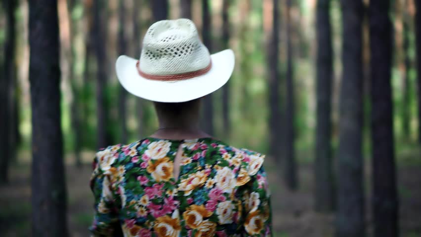 Relaxing Woman In Hat Walking Pine Forest.Holiday Vacation Tourist Journey Trip In Warm Day. Beautiful Healthy Girl In Dress Walking In Greenwood. Carefree Female Exploring Spruce Forest In Sunny Time Royalty-Free Stock Footage #1103220793