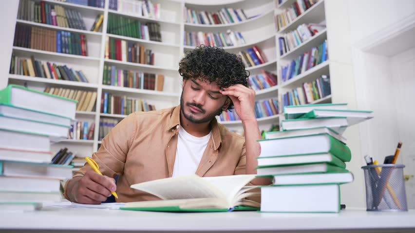 Tired student studying by reading books, taking notes in campus library space. Exhausted male learning on examination period at the university. Overworked applicant is preparing for the entrance exams Royalty-Free Stock Footage #1103224427