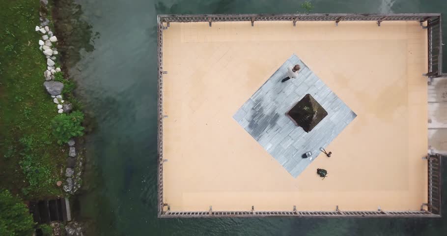 Rising aerial view over a unique dock on Berchtesgaden, Germany.