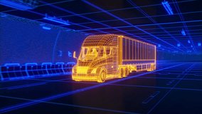 Electric Semi-Trailer Truck driving through a tunnel. Technological blue-yellow glowing Wireframe style 3d render - Powered by Shutterstock - Get 15% off with code: PIKWIZARD15