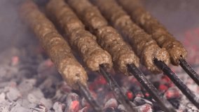 Delicious Shish Kebabs Being Grilled and Smoked - Premium Food Videos.