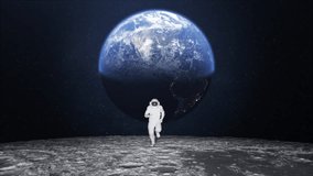 Astronaut in spacesuit run with low gravity on moon surface with  starry space background. Blue planet earth visible in sky. Front view spacescape. - Powered by Shutterstock - Get 15% off with code: PIKWIZARD15