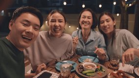 POV webcam screen group facetime videocall look at camera greeting smile laugh fun joy talk online at dine table night party at home. Enjoy mobile phone selfie app with young senior middle aged mom. - Powered by Shutterstock - Get 15% off with code: PIKWIZARD15