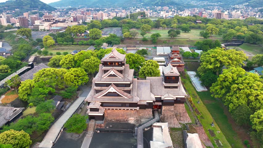 Japanese medieval castle, aerial view of Kumamoto Castle in Kumamoto, Japan, Japanese culture and tourism in Japan, beautiful historic Japanese castle . High quality 4k footage