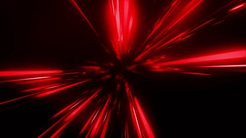 Red glow light rays with time warp on rotate and zoom in effect background. Perspective view of red laser light burst motion. Long exposure time warp speed Lights lines red background zoom in. 4K 스톡 비디오